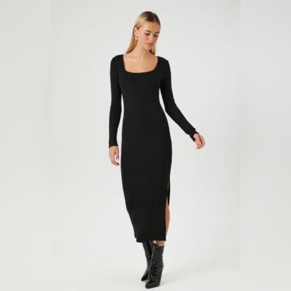 Forever 21 Black Sweater Dress Deep Scoop Ribbed Knit Long Bodycon Size Large - Picture 1 of 5